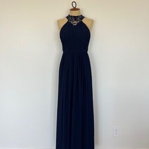 NWT Bariano Australia Phoebe Chiffon Drape Aline Gown Navy B39D42-L Size 4